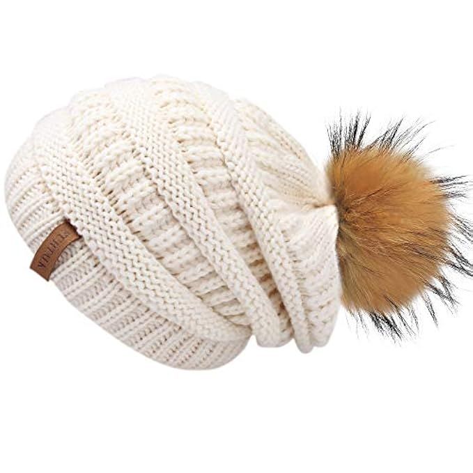 Womens Slouchy Winter Hats Knitted Beanie Caps Real Fur Pom Pom Bobble Hat | Amazon (US)