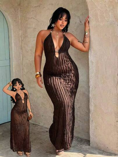 Women's New Summer Solid Color Sexy Deep V-Neck Maxi Bodycon Dress, Textured Fabric, Amber Pearl ... | SHEIN
