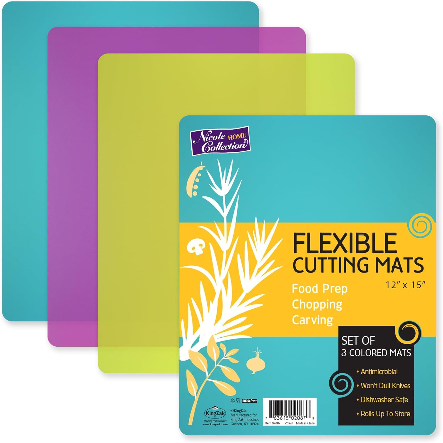 Nicole Home Collection Flexible Cutting Mats Set of 3 - BPA-Free Plastic Color-Coded Kitchen Chop... | Amazon (US)