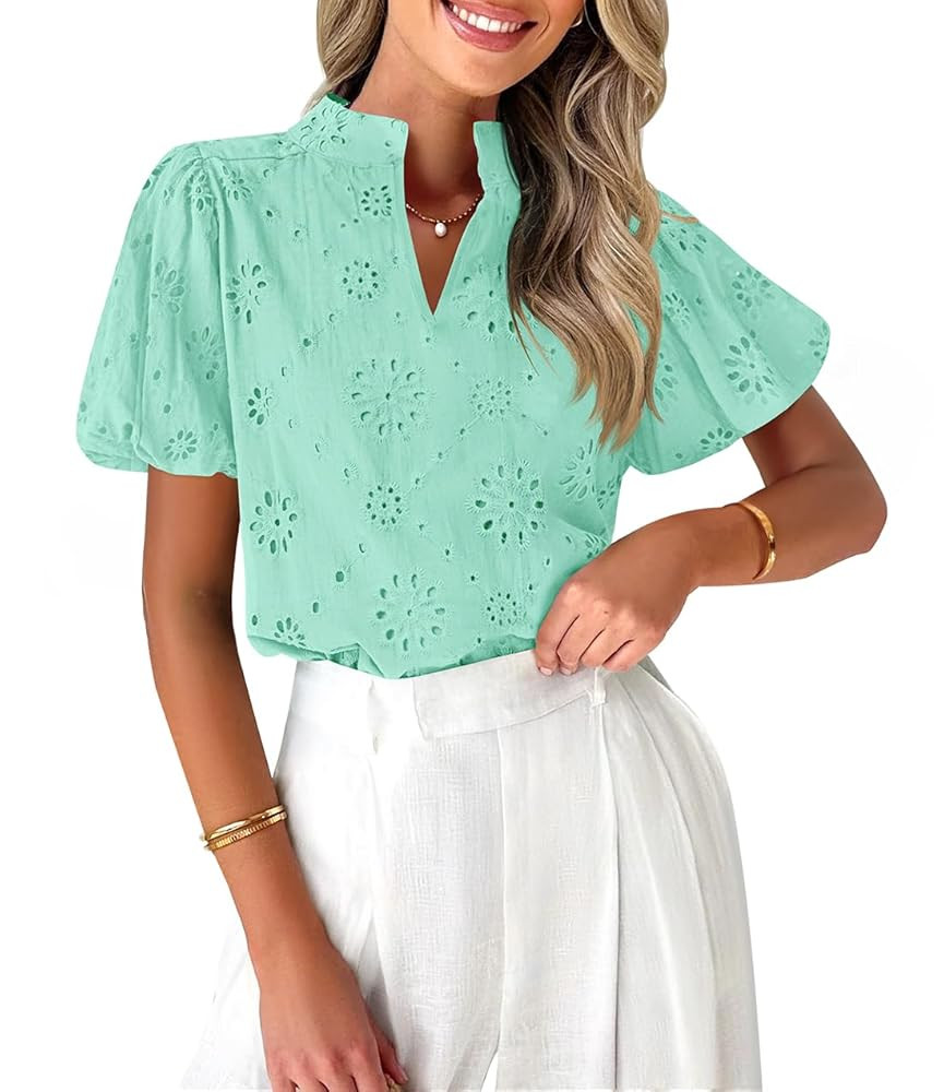 ZESICA Women's Summer Short Puff Sleeve Shirts 2025 V Neck Casual Hollow Out Lace Embroidered Blo... | Amazon (US)