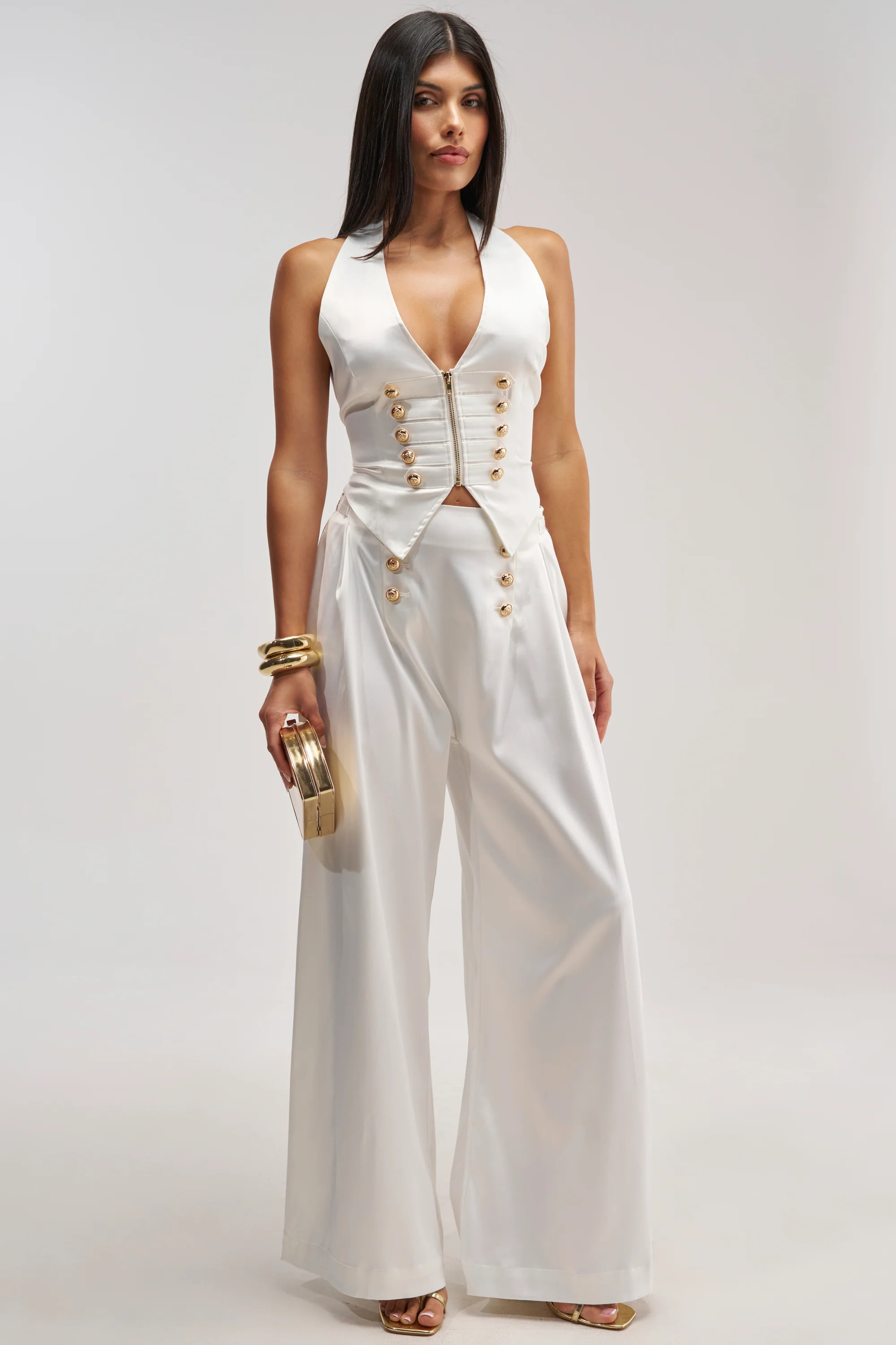 White Satin Wide-Leg Embellished Trousers | AKIRA | AKIRA