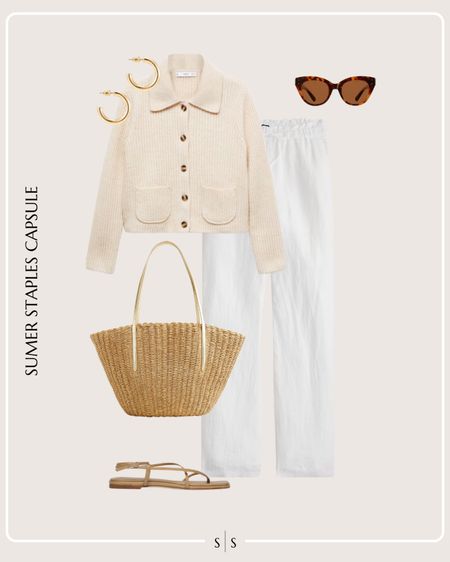 Summer Staples Capsule Wardrobe outfit idea | white linen pants, knit pocket cardigan, nude strap sandal, straw tote bag, sunglasses, gold hoops 

See the entire Summer Staples Capsule Wardrobe on thesarahstories.com ✨ 


#LTKStyleTip