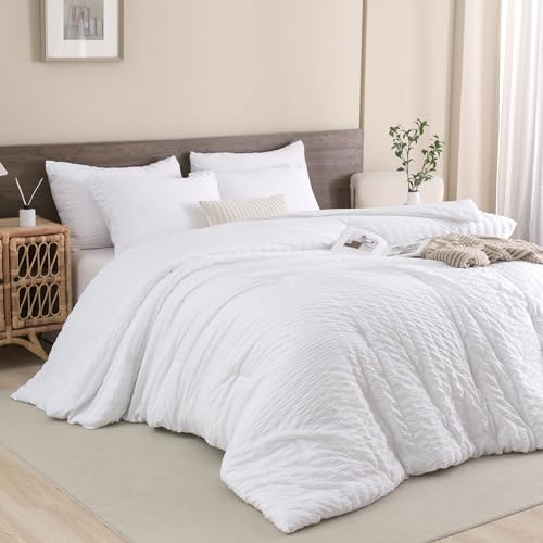 Andency White Comforter Queen Size, 3 Pieces Bedding Comforter Sets (1 Seersucker Textured Comforter & 2 Pillowcases), Lightweight Microfiber Down Alternative Bed Set (90x90 inches) | Amazon (US)