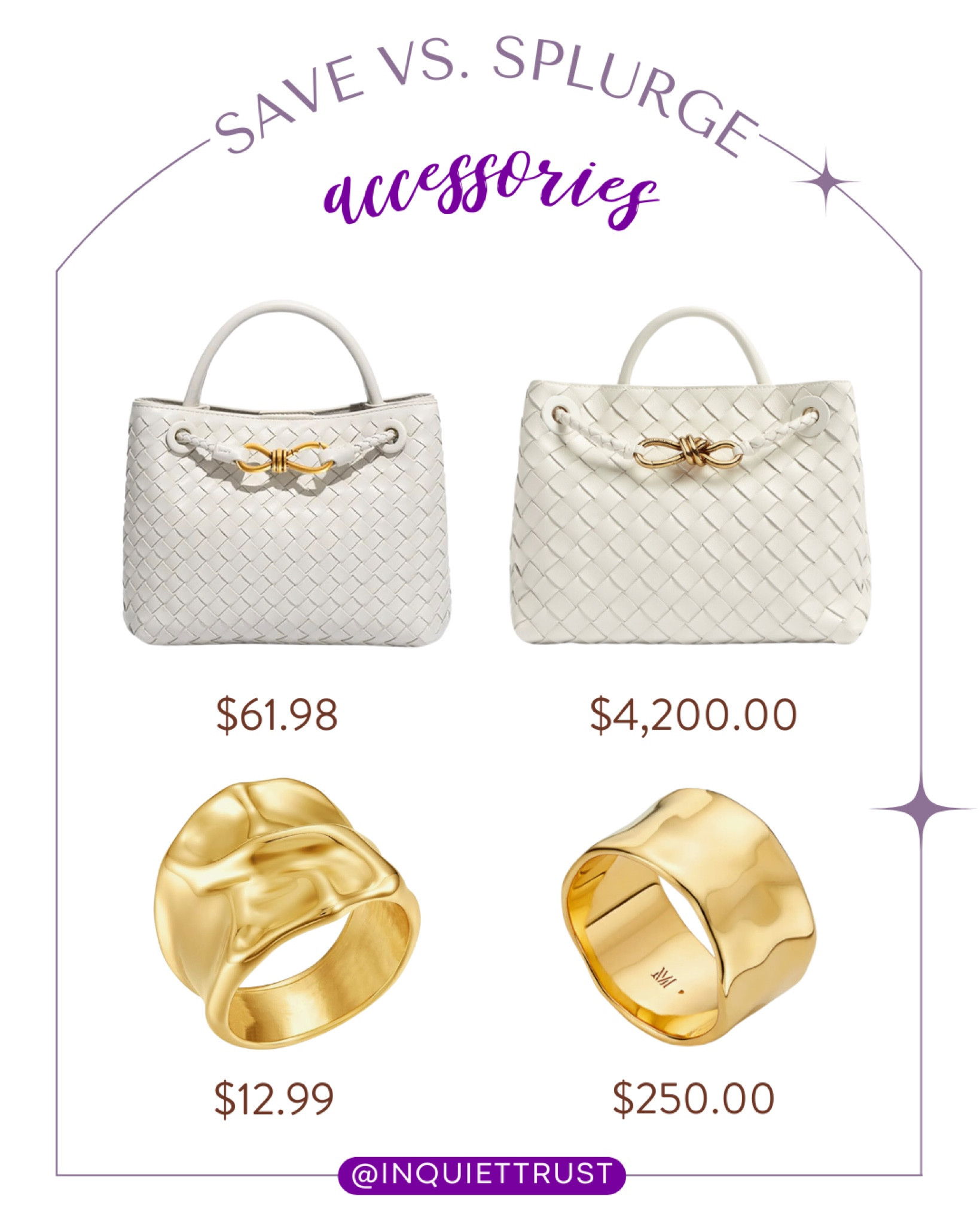 Save vs splurge on these stylish white handbags and a cute gold ring! #lookforless #trendyfashion #goldjewelry #affordablestyle

#LTKitbag #LTKSeasonal #LTKstyletip