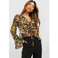 boohoo Dames Chiffon Bloes met Bloemen en Ruches | Brown | Maat: 36 | Boohoo.com (NL)