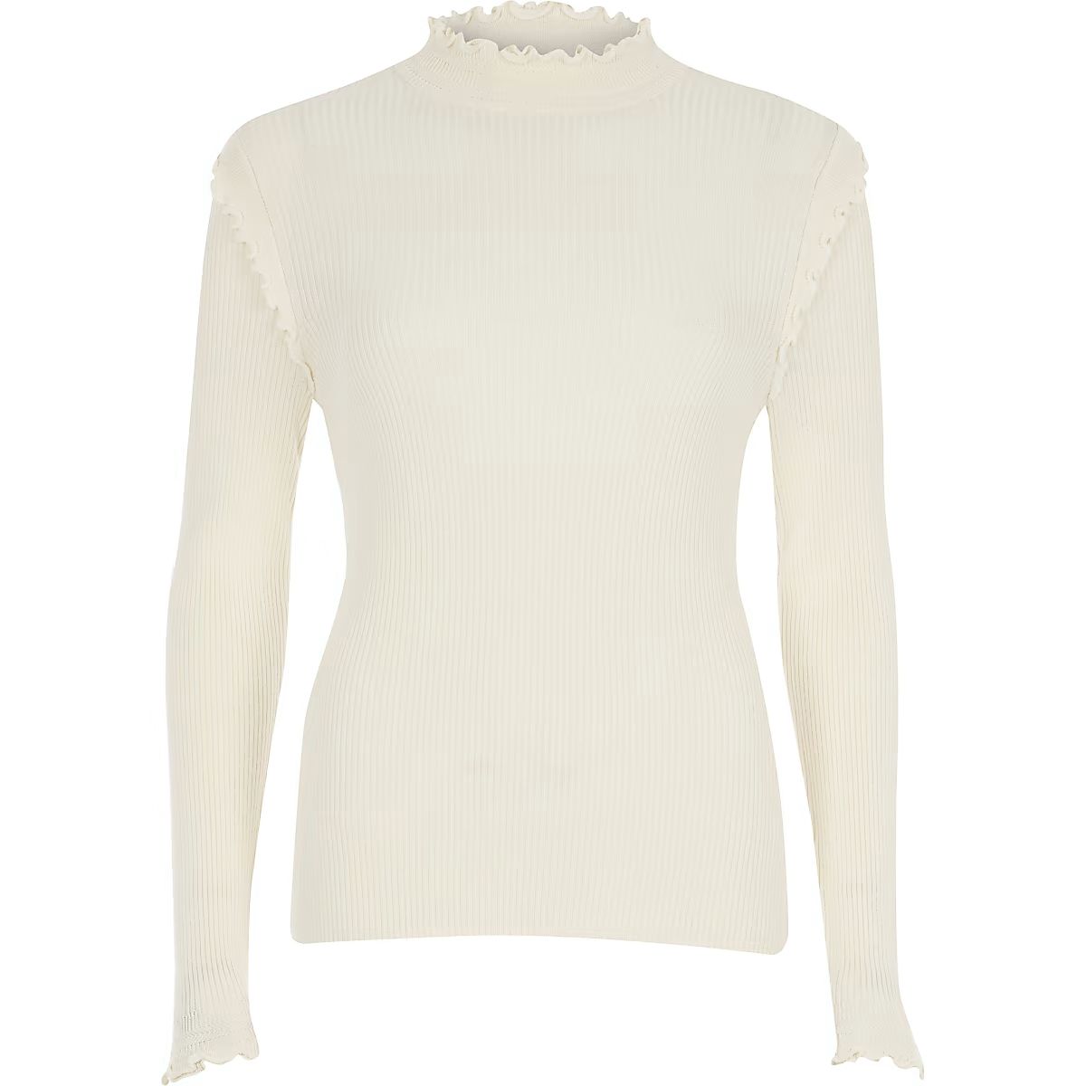 Cream frill high neck fitted knit top | River Island (UK & IE)