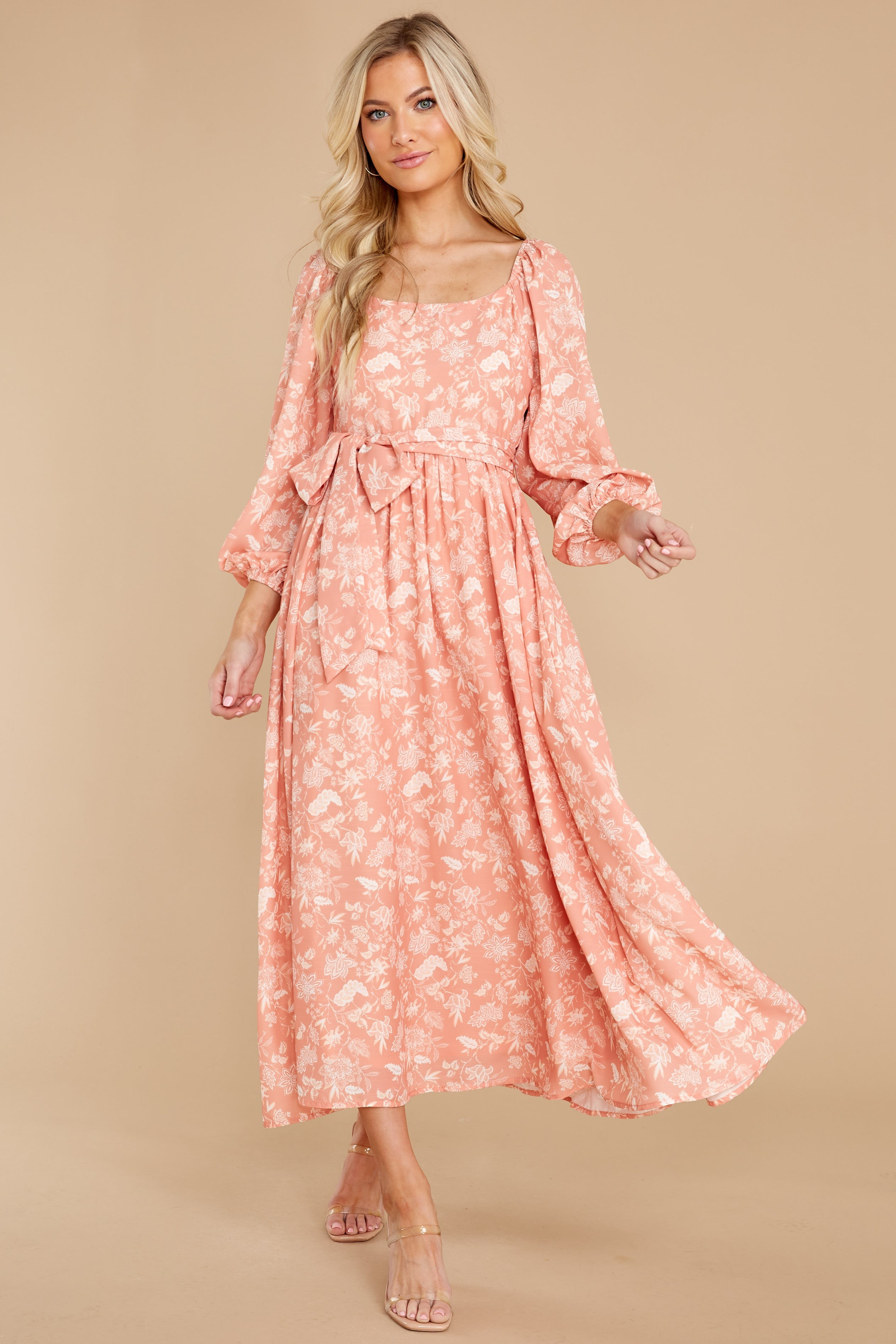 Bright Smiles Peach Floral Print Maxi Dress | Red Dress 