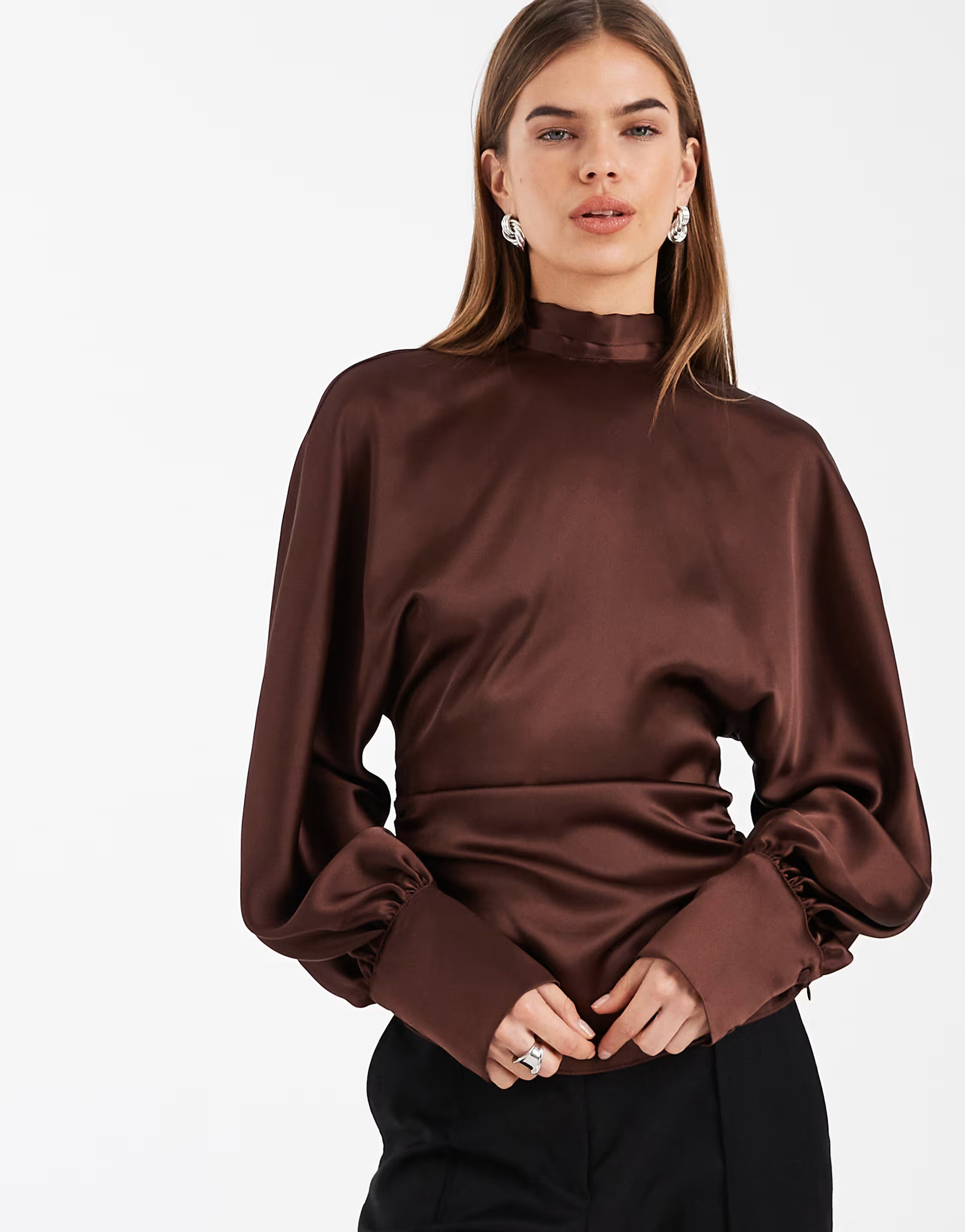 ASOS DESIGN satin high neck batwing blouse in chocolate | ASOS (Global)