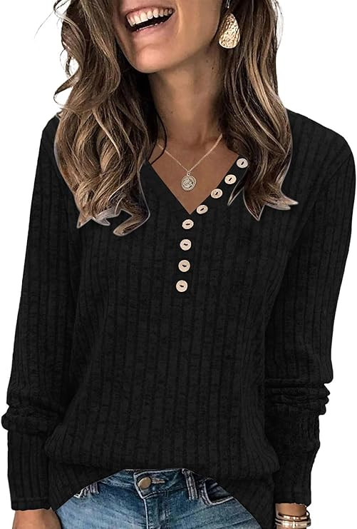 Womens Henley Knit Sweaters 2025 Fall Winter Deep V Neck Long Sleeve Button Pullover Casual Tops | Amazon (US)