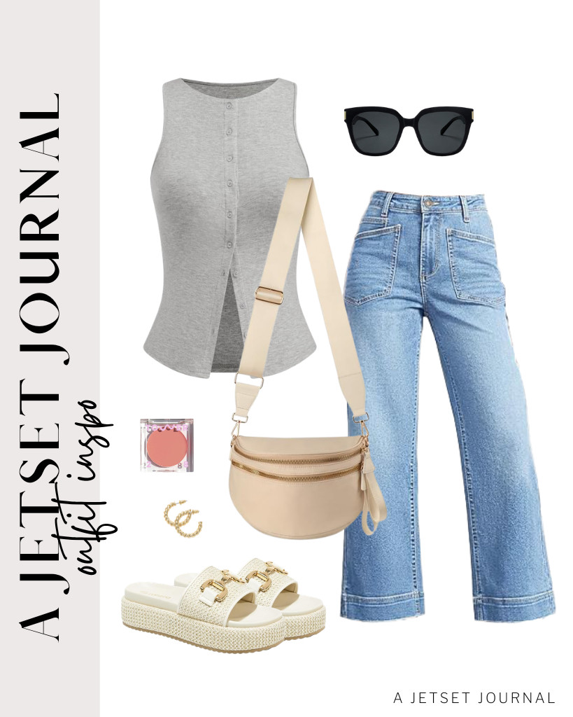 Our first outfit is a combination of a gray button-down tank top from CIDER and Cicy Bell high-waisted jeans. These chic platform sandals complement the fit. Grab this bum bag and use Tower 28 cream blush to finish the look.

#LTKSeasonal #LTKSaleAlert #LTKTravel
 

 