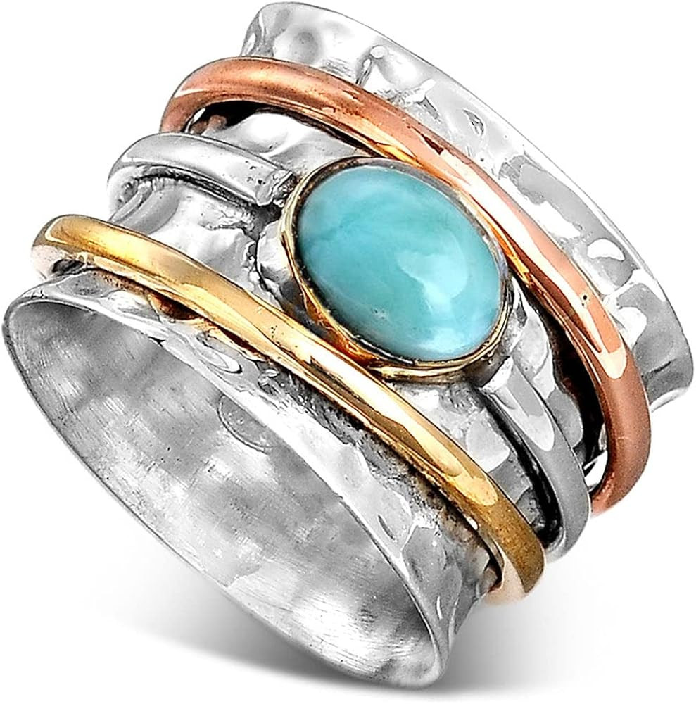 Boho-Magic 925 Sterling Silver Spinner Ring for Women with Larimar Gemstone – Wide Band Stateme... | Amazon (US)