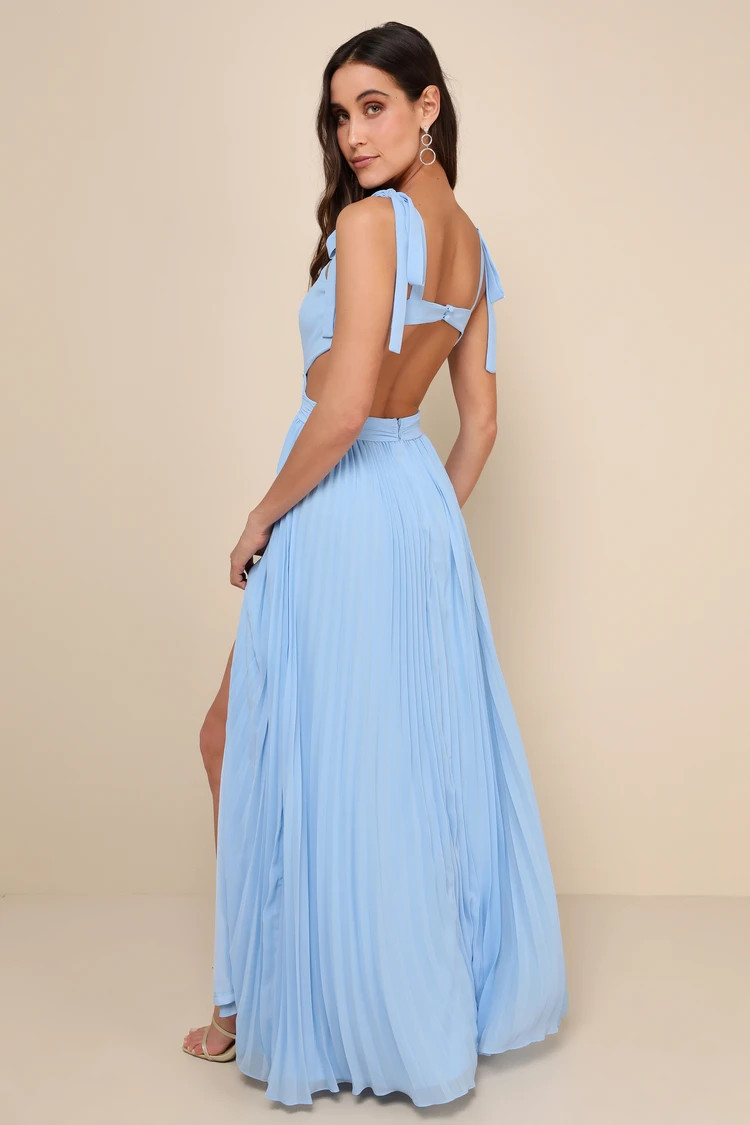 Celebratory Allure Powder Blue Pleated Backless Maxi Dress | Lulus