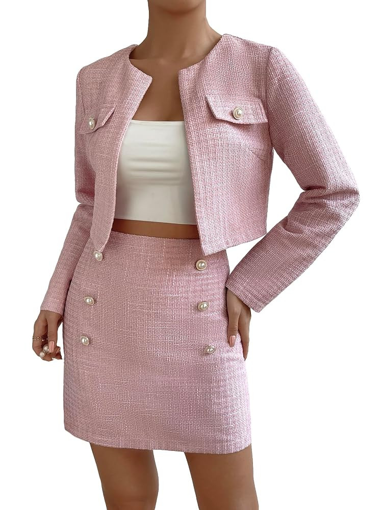 Floerns Women's 2 Piece Outfits Plaid Tweed Blazer Long Sleeve Jacket and Skirt Set | Amazon (US)