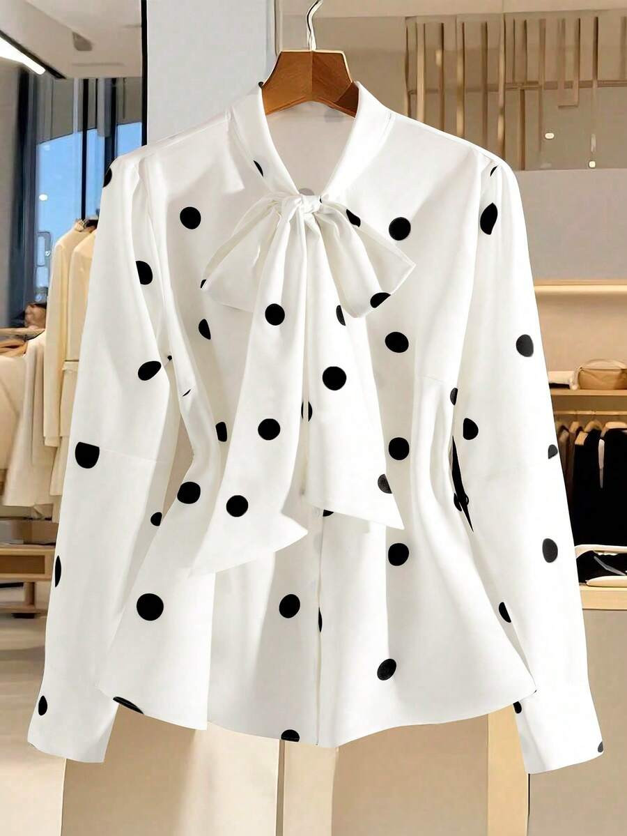 GlowEve CURVE Plus Size Women Elegant Polka Dot Long Sleeve Shirt,Big Bow Collar Single-Breasted ... | SHEIN