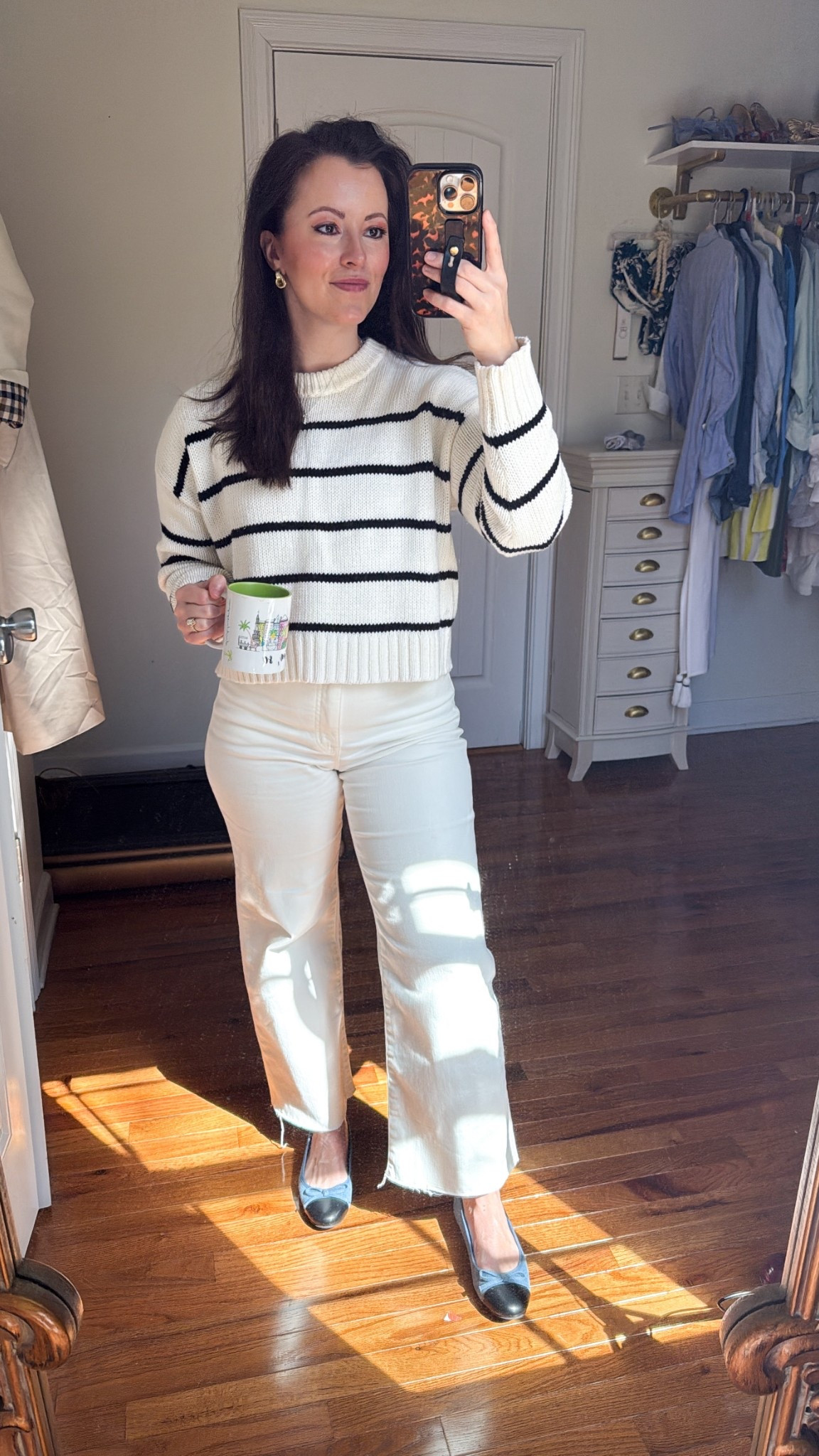 Saturday casual in my ivory jeans with the perfect not-too-wide wide leg white denim and my favorite go-to Jenni Kayne striped sweater 🤍  paired with denim and black Colorblock flats 💙

Wearing Small in the sweater 
27 in the ivory ecru jeans 

#LTKSeasonal #LTKStyleTip #LTKPetite
