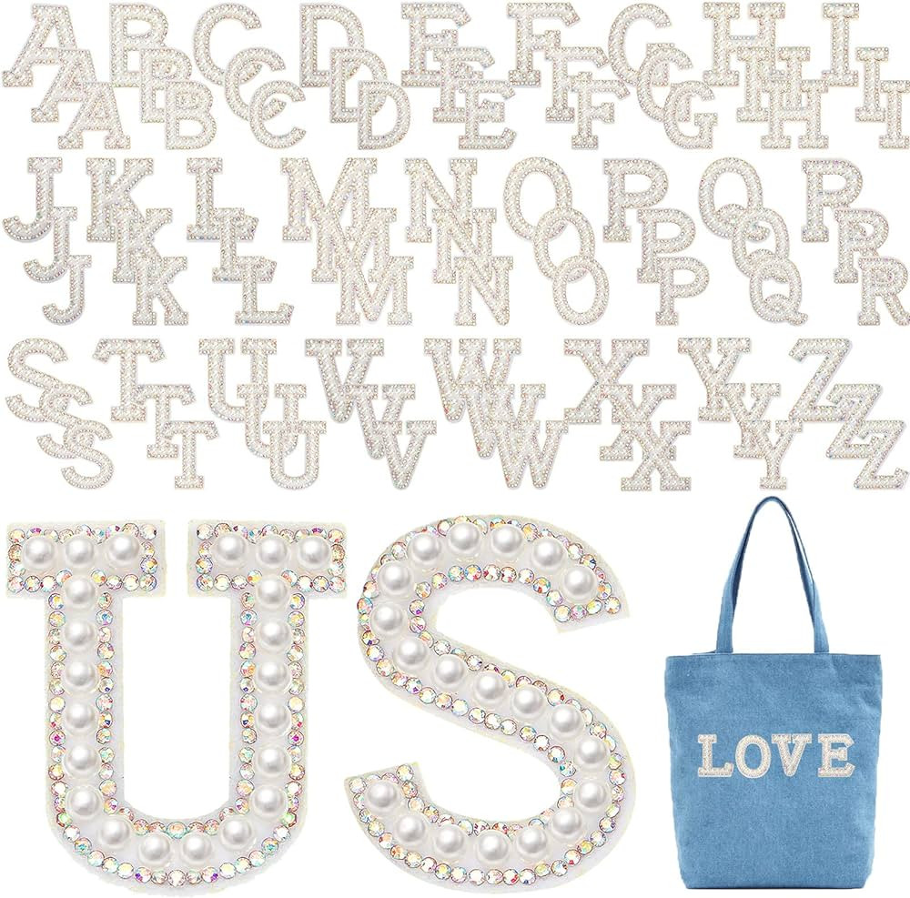 WILLBOND 78 Pcs Pearl Letter Patches Pearl Iron on Letter Patches Rhinestone A-Z Pearl English Rh... | Amazon (US)