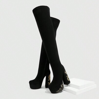 Women's Square Toe Thick High Heel Embroidered Dragon Pattern Black Suede Elastic Fashion Simple Thigh High Boots With Zipper New Year Holiday Valenti | SHEIN