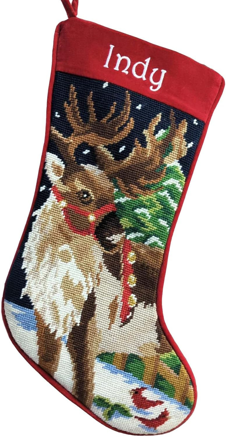 Reindeer Needlepoint Christmas Stocking - Personalized Name Embroidery Family Holiday Keepsake D... | Amazon (US)