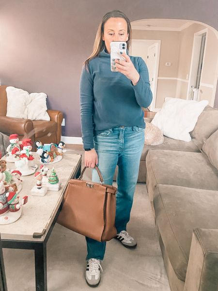 Winter look. I live in these fleece turtlenecks. They can elevate your easy everyday look.   Plus these boyfriend jeans are a great laid back look. Loving these instead of skinny jeans lately!  

#LTKfindsunder100 #LTKworkwear #LTKitbag