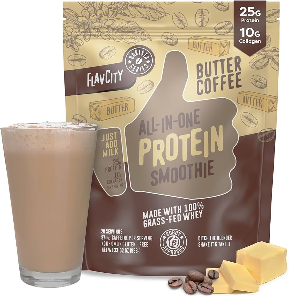 FlavCity Protein Powder Smoothie, Butter Coffee - 100% Grass-Fed Whey Protein Powder Shake with C... | Amazon (US)