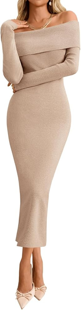 Wenrine Womens Off The Shoulder Bodycon Sweater Dress 2025 Elegant Long Sleeve Cocktail Party Mid... | Amazon (US)