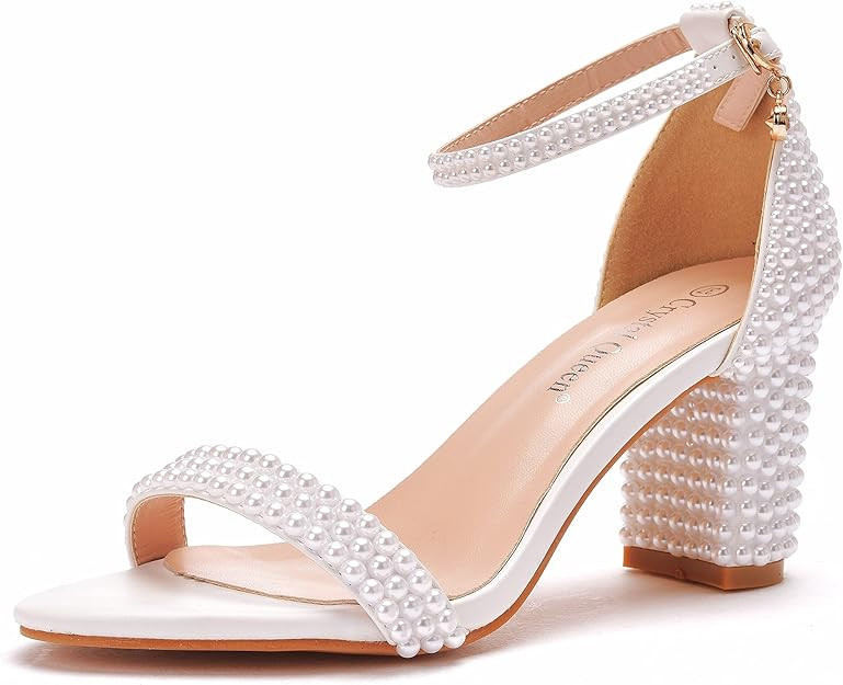 2.75 Inches Block Heel Sandals WomenThick Chunky Heels Peep Toe Wedding Sandals Full Pearls White... | Amazon (US)