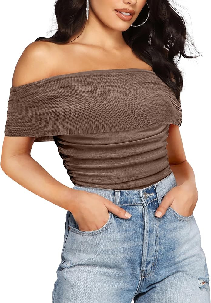 SAUNGKUAI Women's Short Sleeve Bodysuit Off the Shoulder Mesh Ruched One Piece Body Suits Summer ... | Amazon (US)