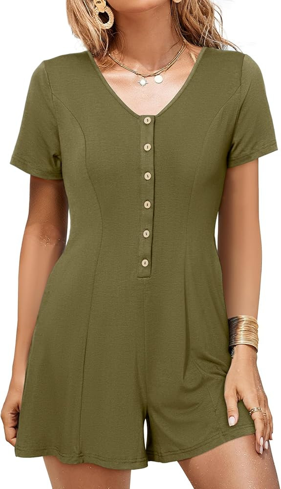 Glamaker Summer Rompers for Women - Casual Short Sleeve V Neck Beach Vacation Romper Loose Short ... | Amazon (US)