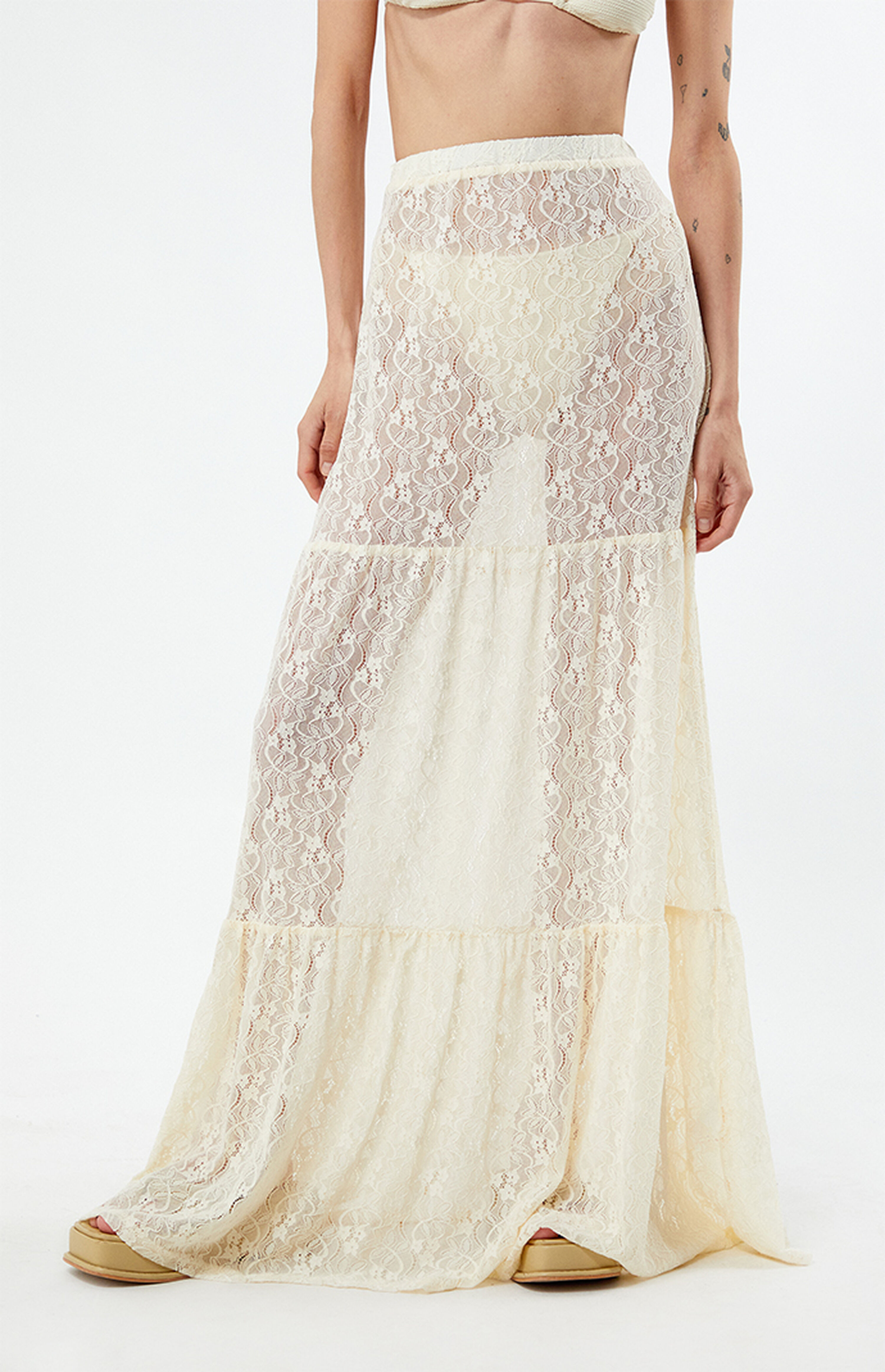 Daisy Street Sheer Lace Mid Rise Tiered Maxi Skirt | PacSun