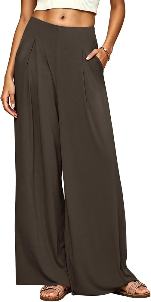 Womens Flowy Wide Leg Pants Ribbed High Waisted Pleated Palazzo Trouser | Amazon (US)