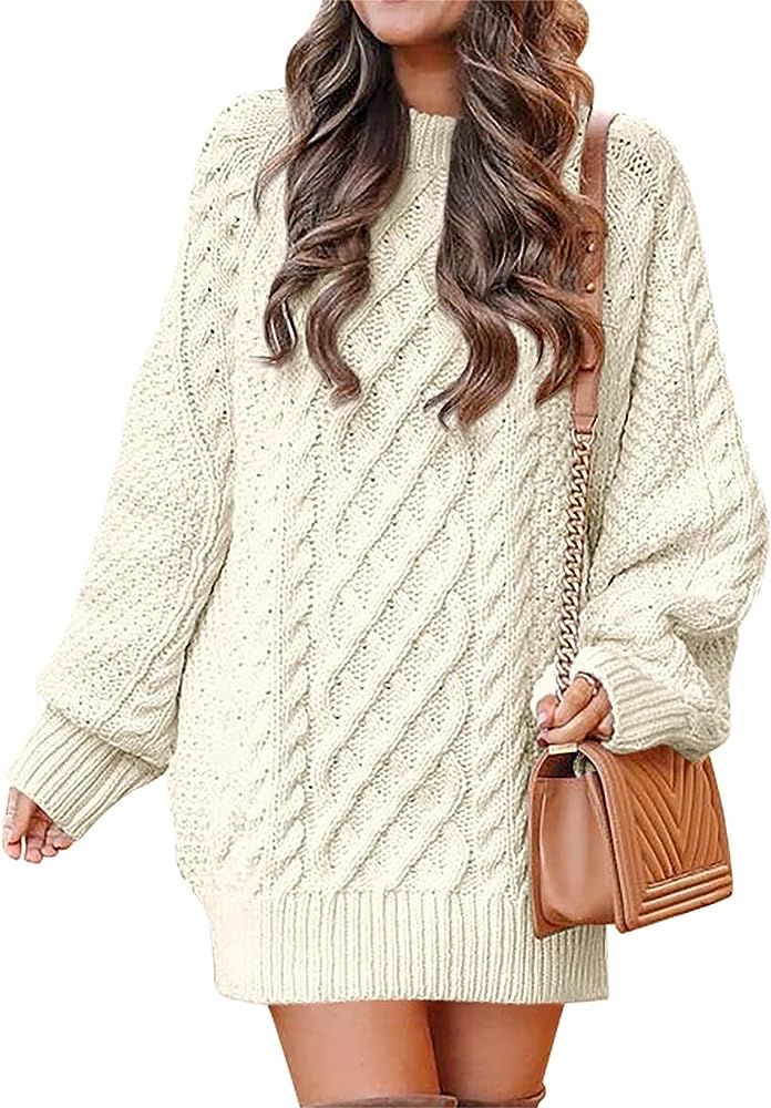 Women 2023 Fall Crewneck Long Sleeve Oversized Cable Knit Chunky Pullover Short Sweater Dresses  ... | Amazon (US)