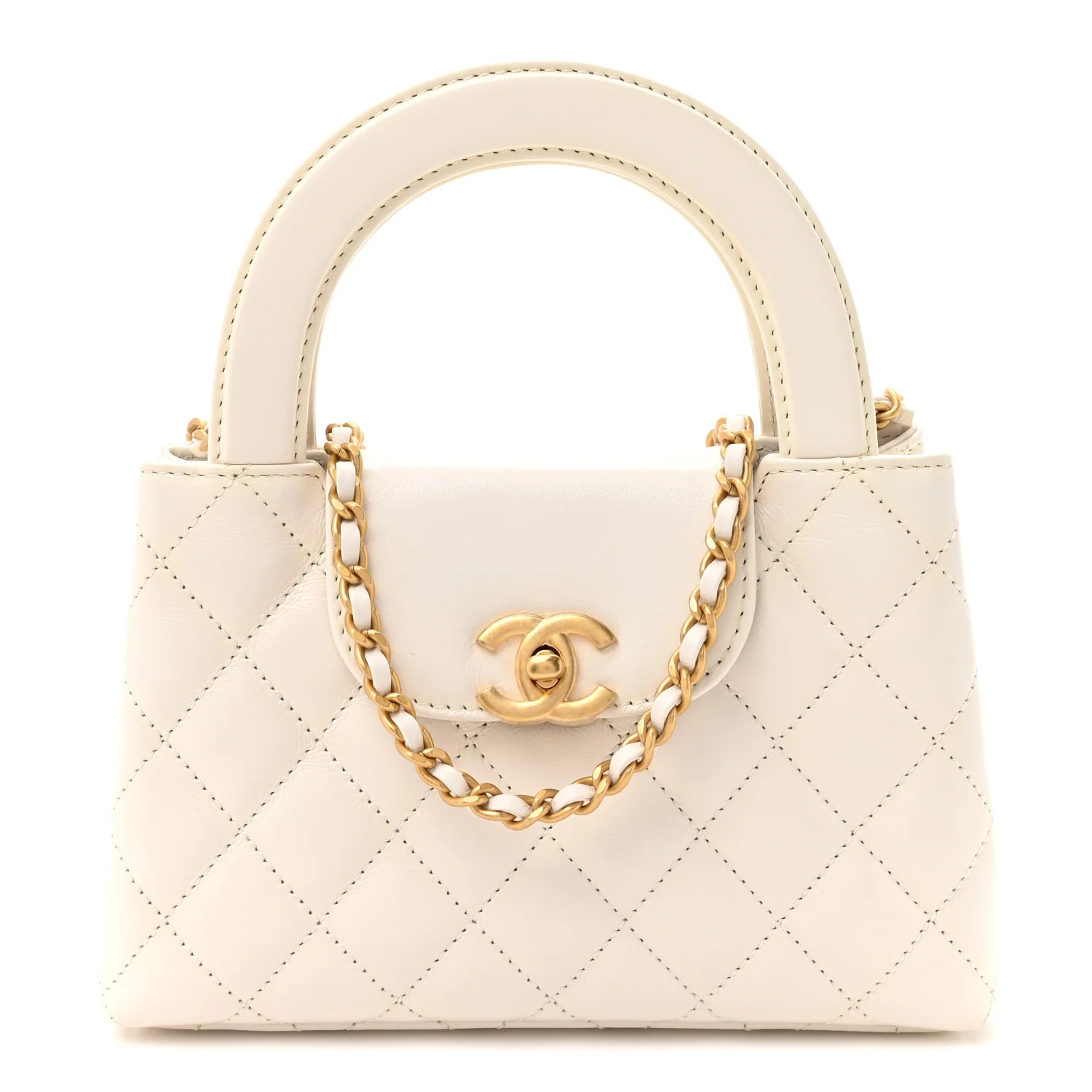 Shiny Aged Calfskin Quilted Nano Kelly Shopper White | FASHIONPHILE (US)