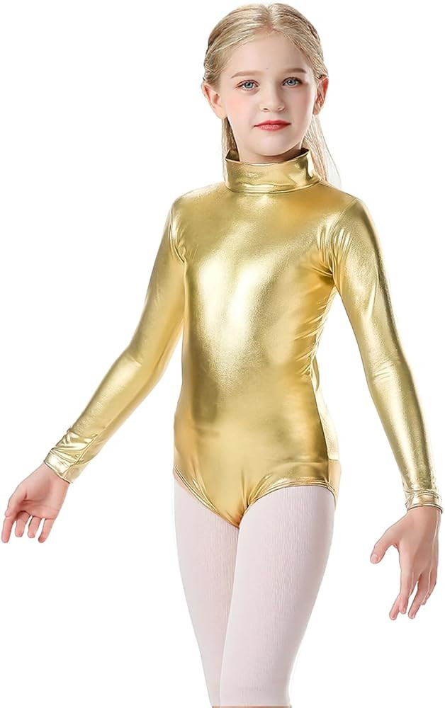 Girls Metallic Leotard Kids Long Sleeve High Neck Unitard Bodysuit for Gymnastics, Dance, Perform... | Amazon (US)