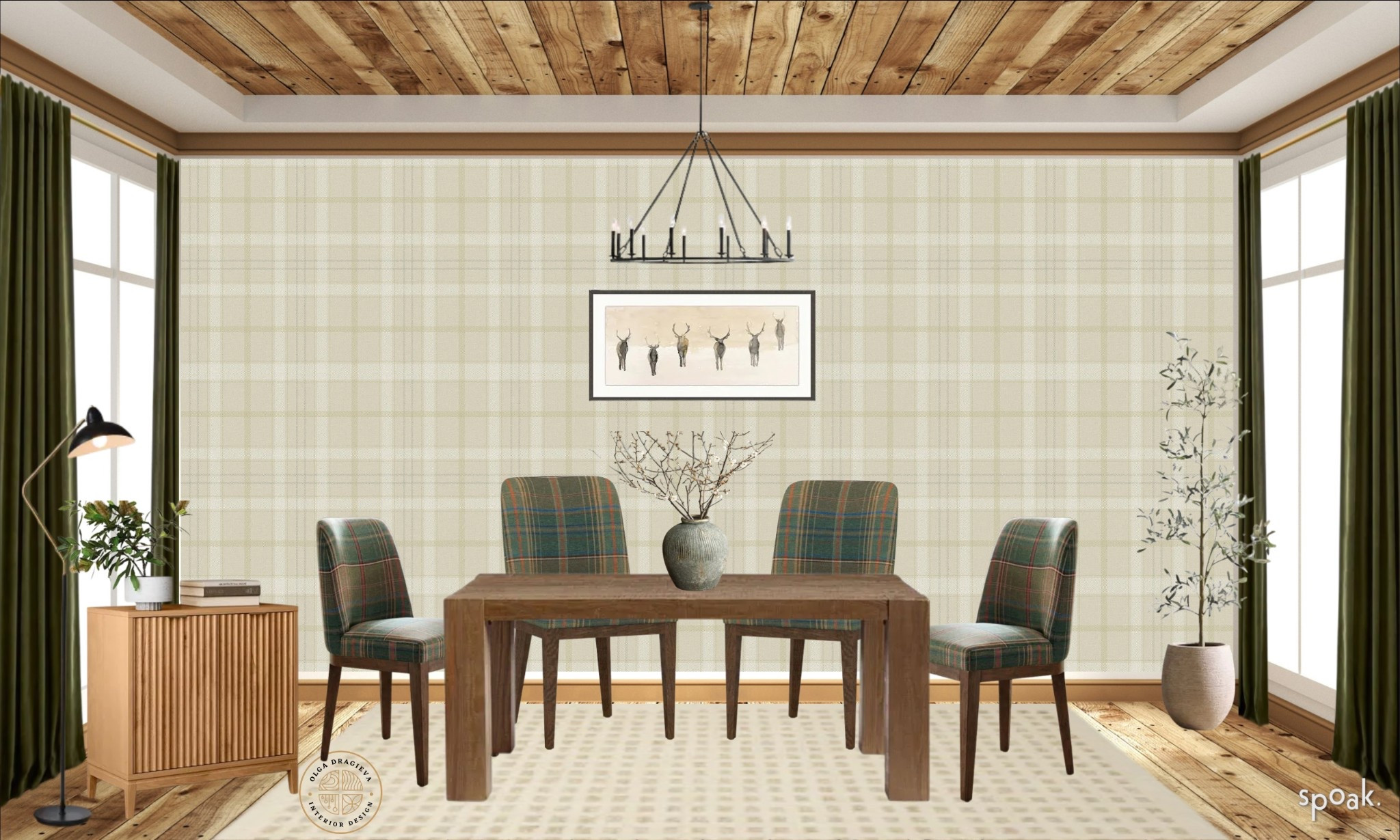 Cabin-inspired dining room design/mood board. Beautiful dining table from Pottery Barn, black chandelier, plaid wallpaper, plaid dining chairs. Wool neutral rug and beautiful wall art. Faux olive tree, green velvet curtains and affordable modern sideboard. #diningroomfurniture