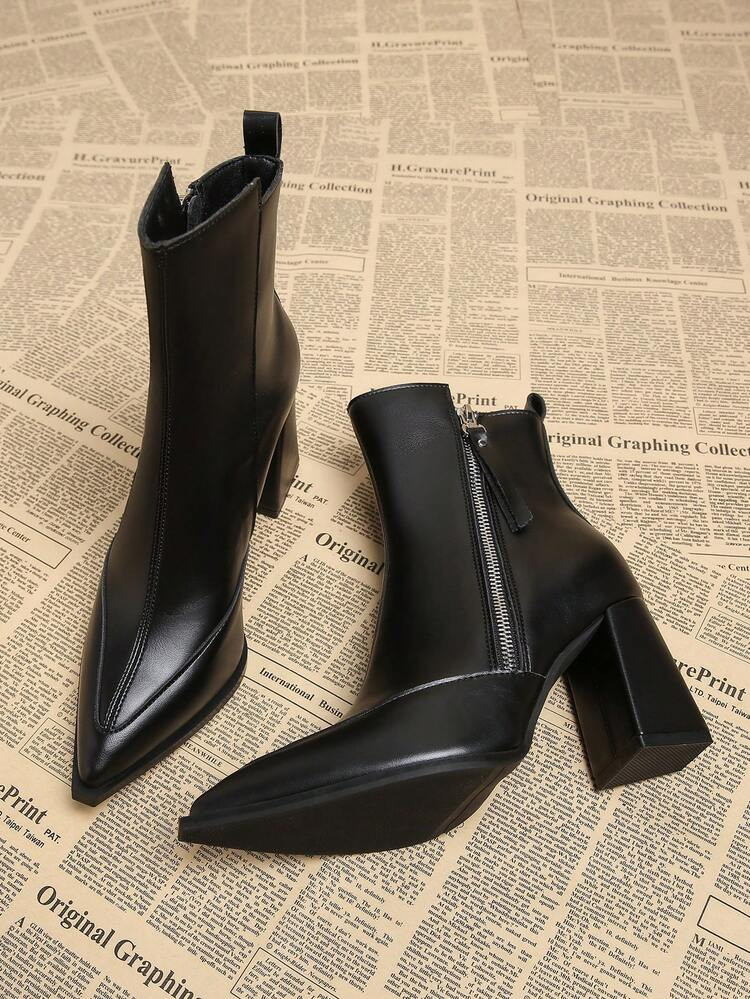 2025 Autumn New Black Versatile Elegant Punk European & American Style Women's Thick Heel High Heel Pointed Toe Ankle Boots, Fashion Short Boots For Autumn/Winter | SHEIN