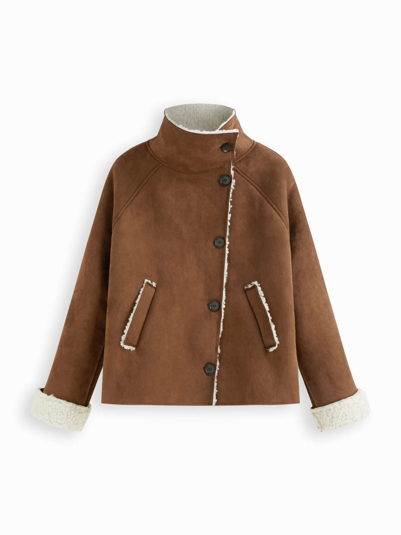 Faux Shearling Two Way Faux Shearling Funnel Neck Oversized Jacket For Daily Casual | Cider