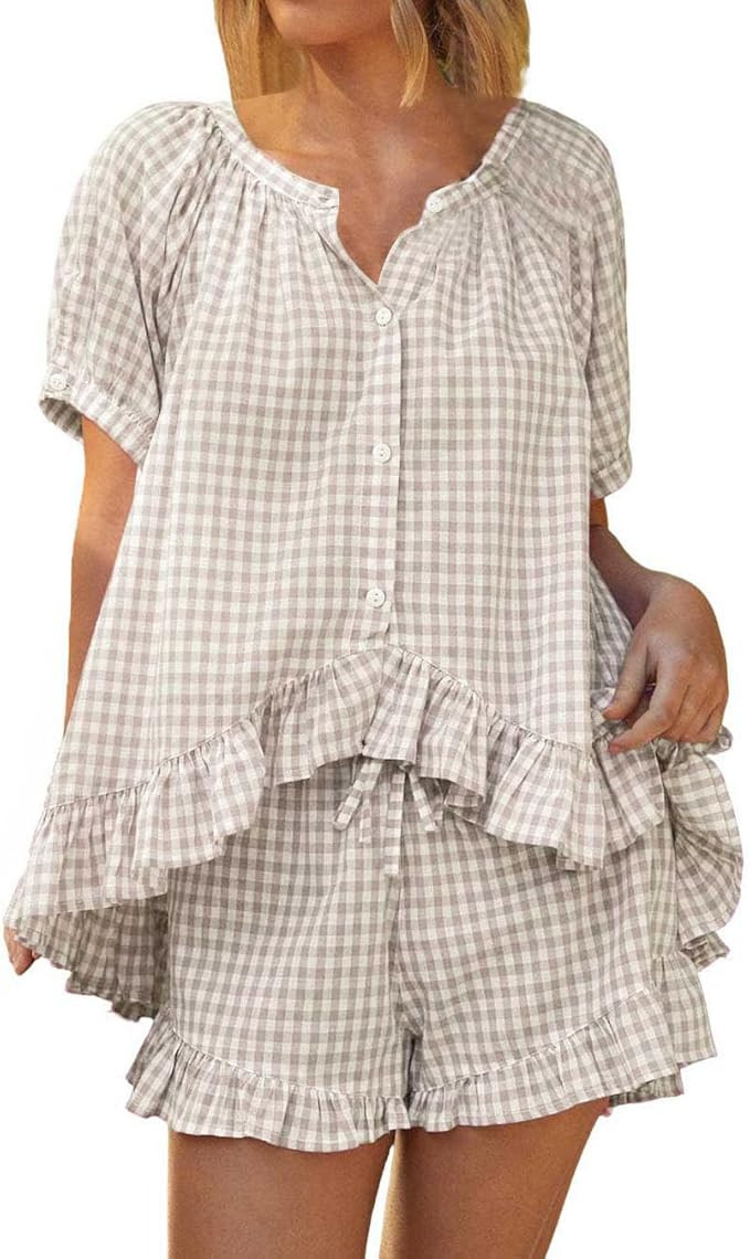 codcm Womens 2 Piece Ruffle Pajama Set Gingham Pjs Short Sleeve Babydoll Shirt and Shorts Plaid S... | Amazon (US)