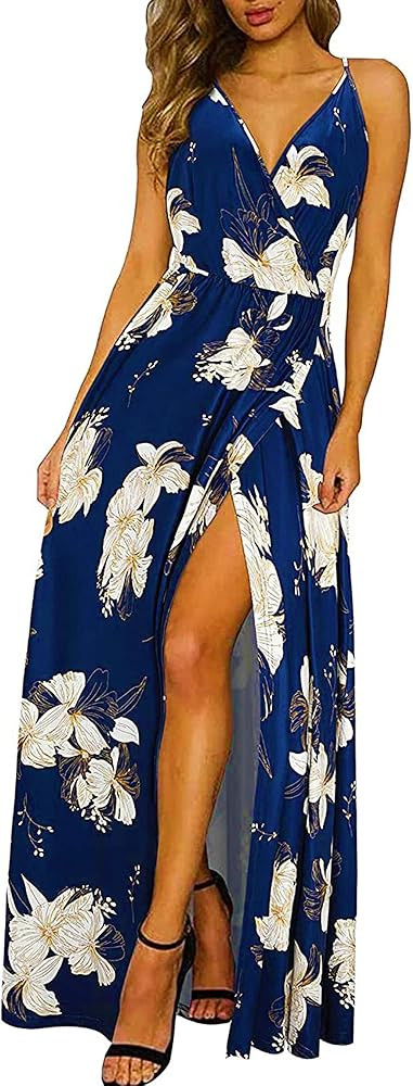 II ININ Women's Deep V-Neck Casual Dress Summer Backless Floral Print/Solid Split Maxi Dress for Bea | Amazon (US)