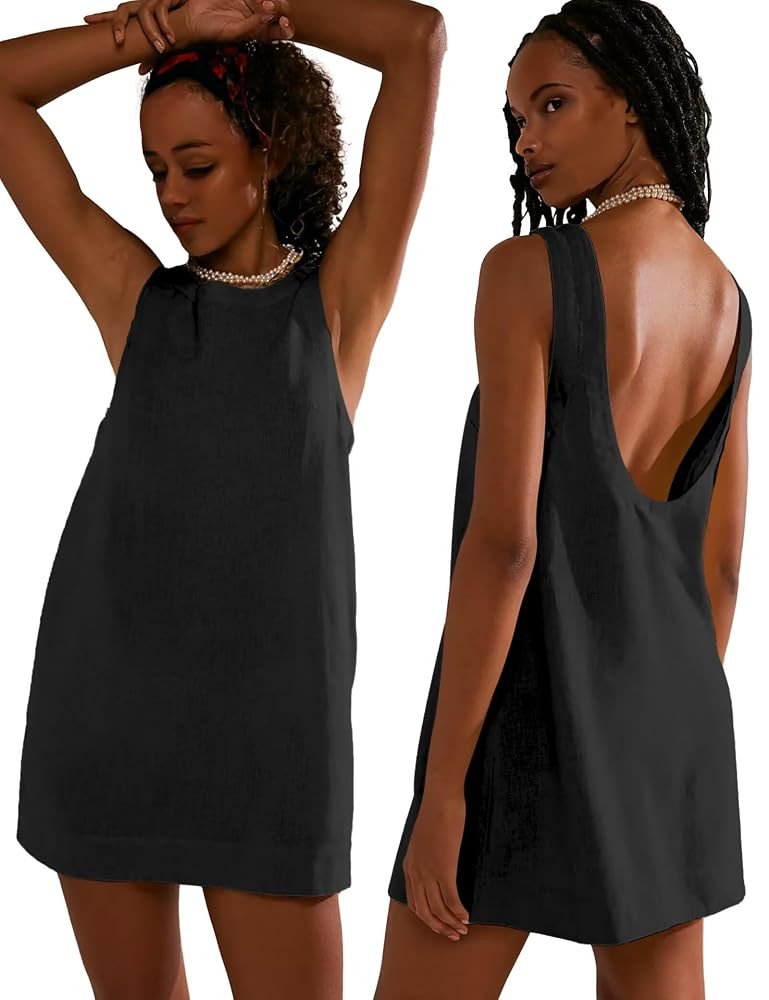 VIUTIL Womens Summer Linen Mini Dress Boat Neck Low Back Sleeveless Tank Dresses with Pockets 202... | Amazon (US)