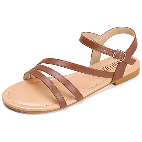 IDIFU Brown Strappy Sandals for Women Dressy Summer Flat Sandals with Back Strap Open Toe Slingback Ankle Strap Sandals Wedding Bridal Prom Bride Sandals Comfy Cute Casual Dress Sandals(Brown Pu,9.5) | Amazon (US)