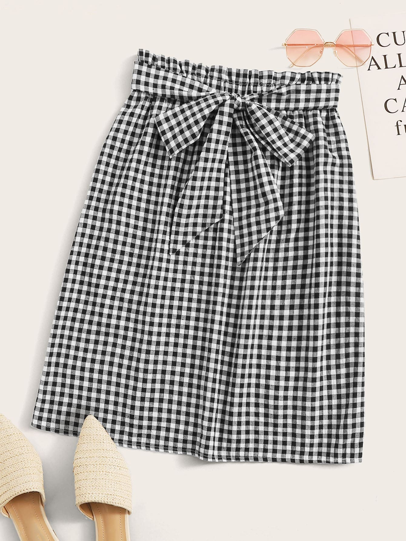 SHEIN LUNE Paperbag Waist Belted Gingham Skirt | SHEIN