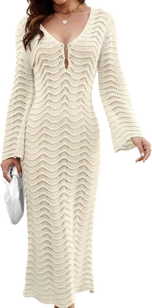 Women's 3D Wave Crochet Beach Cover-up, Heavyweight Dress with Elegant Drape, Bell Sleeve Deep-V ... | Amazon (US)