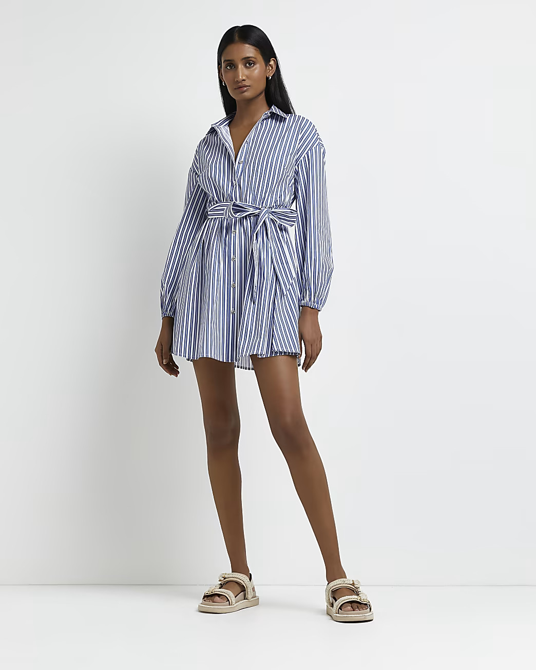 Blue striped mini shirt dress | River Island (UK & IE)