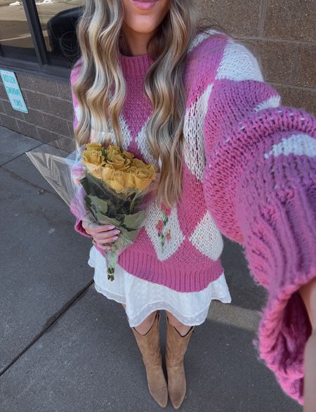 Spring outfit inspo !💗🌷 

Sweater & dress are from Golden Haze, but also linked similar! 

#LTKshoecrush #LTKSeasonal #LTKstyletip