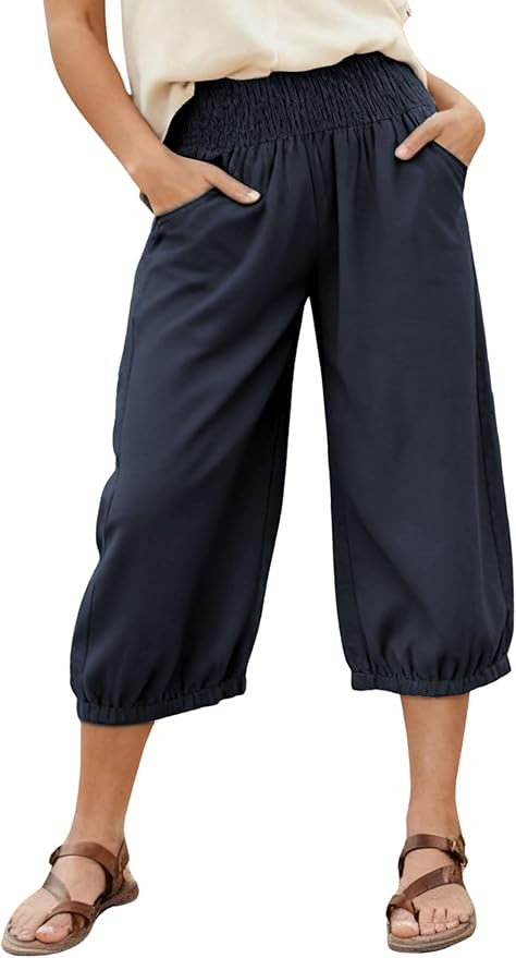 Xiaoxuemeng Womens Capri Linen Pants Wide Leg Cotton Barrel Pants Summer Cropped Beach Trousers | Amazon (US)