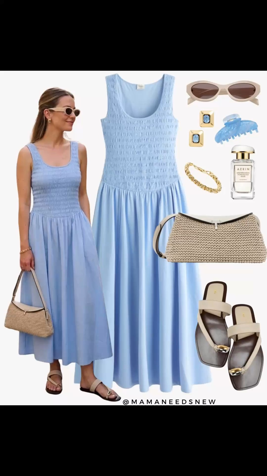 A summer outfit with a dress, toe ring sandals, raffia bag 🩵🤍

#LTKootd #LTKSaleAlert #LTKSeasonal
