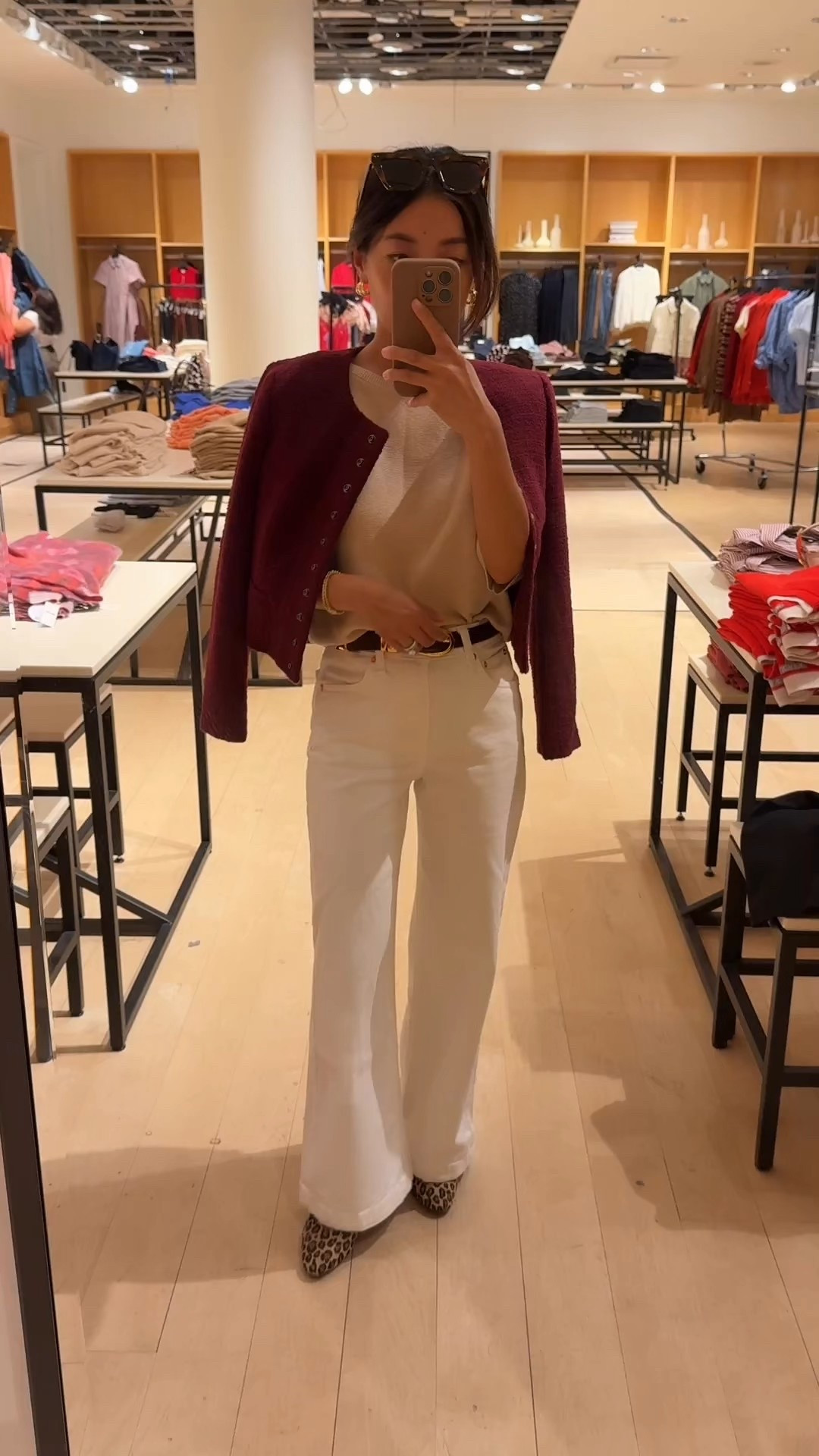 40% off this jacket that feels like it tailor was made for petites! 3 colors. 

And 30% off one of my favorite belts that adds a fall touch to any look 

• Jcrew tweed jacket in Wilshire red size 00 - Slim, shorter fit and the quality feels luxe and well made. 

• Gap high rise stride wide leg ankle jeans size 24 regular 

I also linked the jcrew cream cord pants on sale which I have and love in 24 regular! They run a little big at the waist but the length of regular is perfect for me to wear with flats 

• Quince lightweight cotton Dolman sweater xs - loose oversized cut with an easy, sophisticated look. Xs is a generous fit on me, I usually full or half tuck this and you can shrink it by washing on warm

• Sezane leopard Matilda ballerina flats - worn with heel lifts so they don’t rub my ankles

• Madewell triple metal keeper belt xxs

• BP sunglasses

Fall transitional outfit that also works for smart casual office workwear  
Mom style, petite friendly, early fall transition outfit

#LTKSaleAlert #LTKPetite #LTKStyleTip