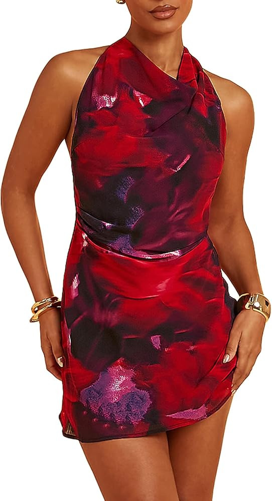 Floerns Women's Tie Dye Cowl Neck Dress Vacation Backless Halter Mesh Mini Dress | Amazon (US)