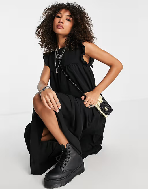 ASOS DESIGN frill sleeve midi dress in black | ASOS (Global)