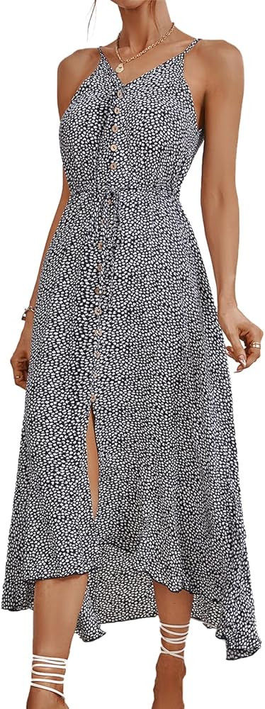BROVAVE Women's 2025 Summer Casual Boho Sundress Polka Dot Spaghetti Strap V Neck Flowy Midi Dres... | Amazon (US)